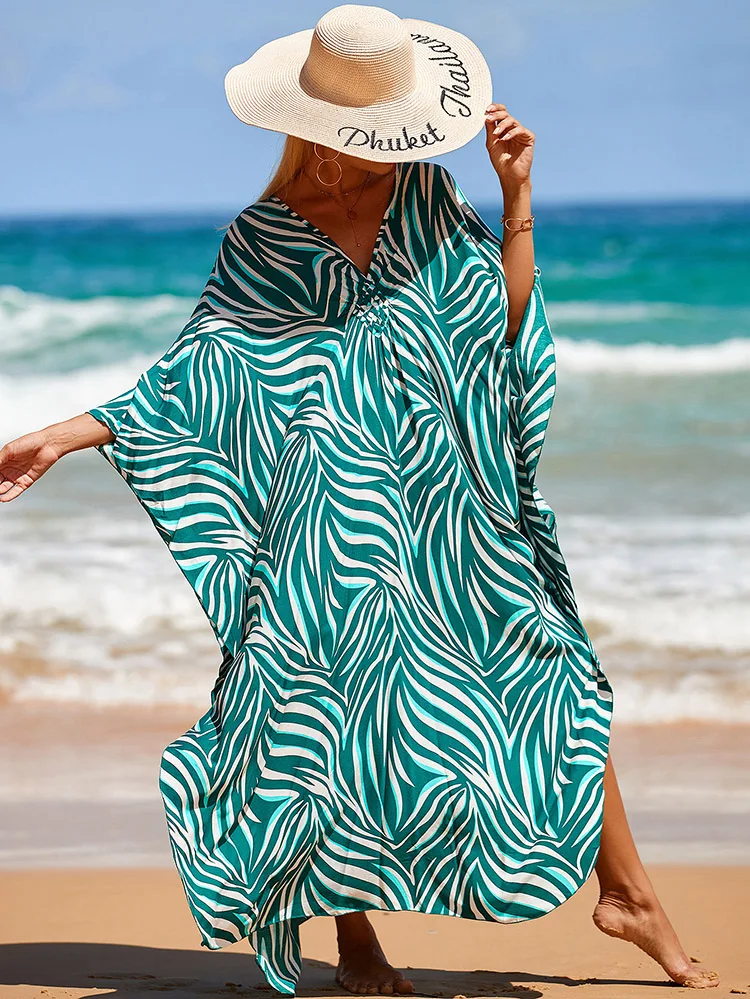 Bohemian Zwart-wit Gestreepte Strand Jurk Sexy Diepe V-hals Lange Jurken Bad Outlet Vrouwen Bikini Cover Up Kaftan beachwear