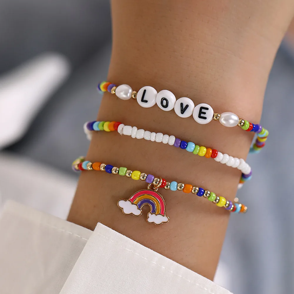 Bohemia Rainbow Charm Bracelet Set For Women Colour Rice Bead Chain Love Letter Bangle Girls Boho Jewelry Gift