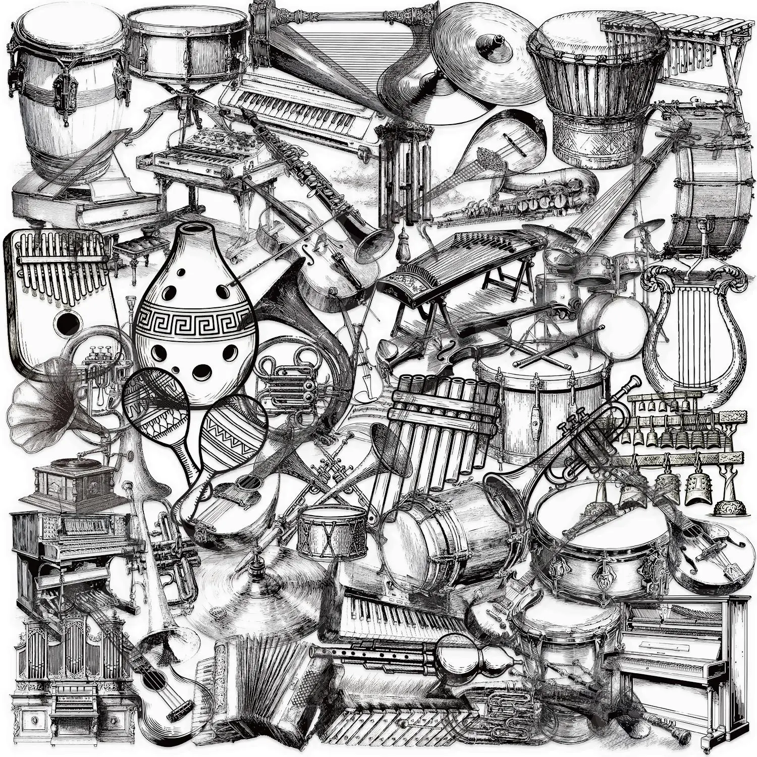 

Набор из 50 водонепроницаемых прозрачных черно-белых наклеек с мультяшными инструментами для гитары, ноутбука, телефона, планшета, багажа