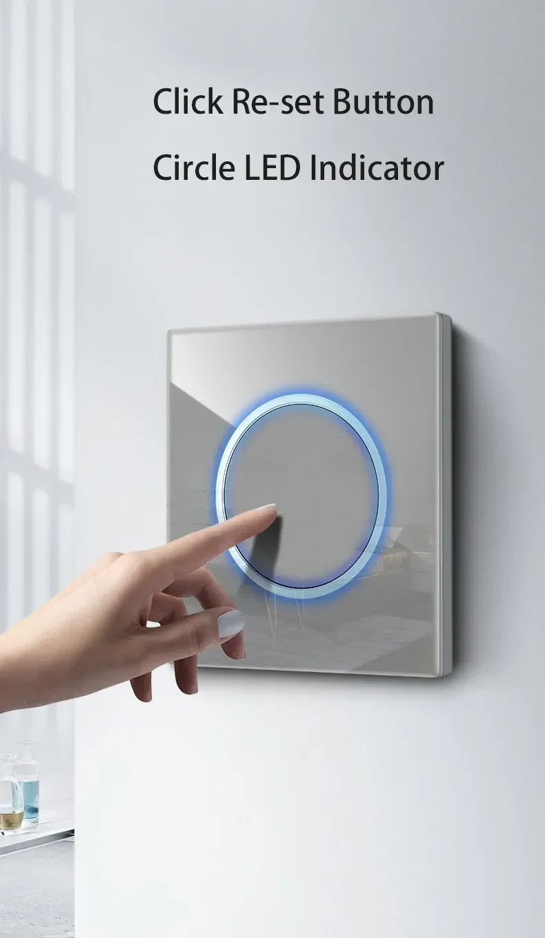 Glass Panel Grey Wall Switch Round Button with Blue LED Indicator Press Button Home Office EU Electrical Outlet Power Socket