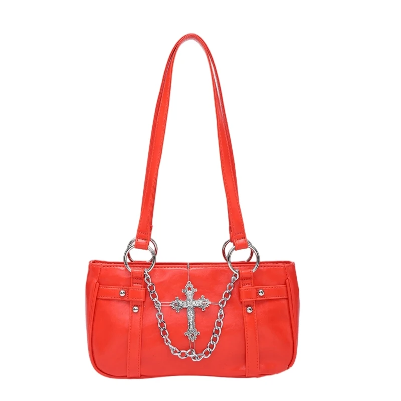 

652F PU Handbag Gothic Metal Chain Detail Shoulder Bag Fashion Underarm Bag For Trendsetters And Music Festivals