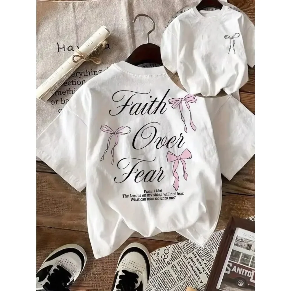 

Pink Bow Faith Over Fear Printed Women Cotton Tee Shirts All-Match Men T-Shirt Casual O-Neck Clothes Hip Hop Y2K Short Sleeve