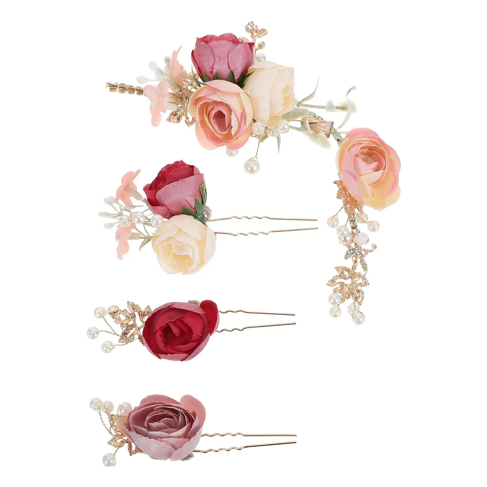 4Pcs Rose Flower Hairpins Fabric Alloy Bridal Hair Clips U-Shaped Floral Hair Decorations for Wedding Birthday Valentine