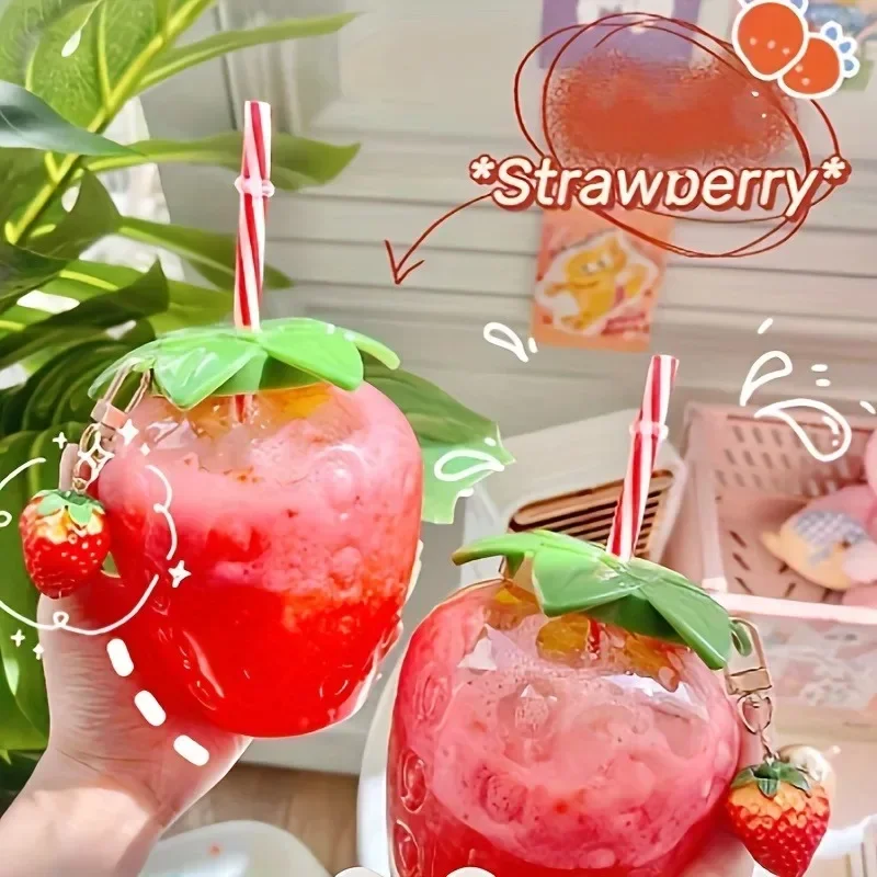 Cute Transparent Strawberry Tumbler with Lid and Straw Kawaii Plastic Cup Online Celebrity Creative Fruit Bottle Party Beverage