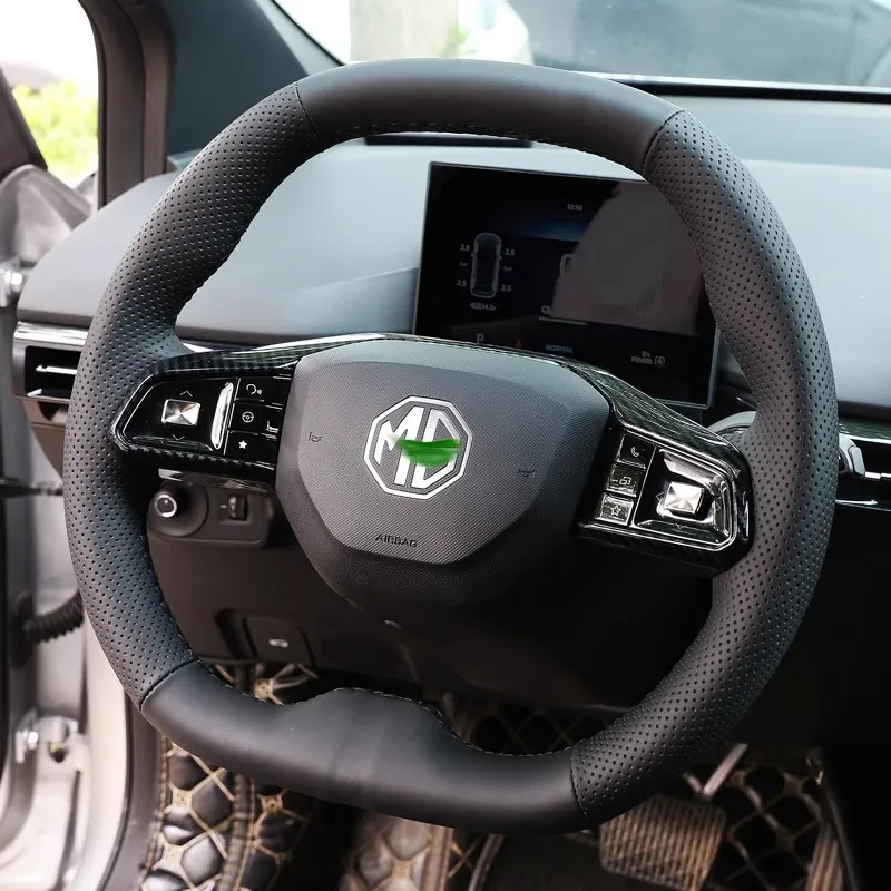 

For MG MULAN MG4 EV 2022-2023 Hand Stitched non-slip black Genuine Leather Car Steering Wheel Cover