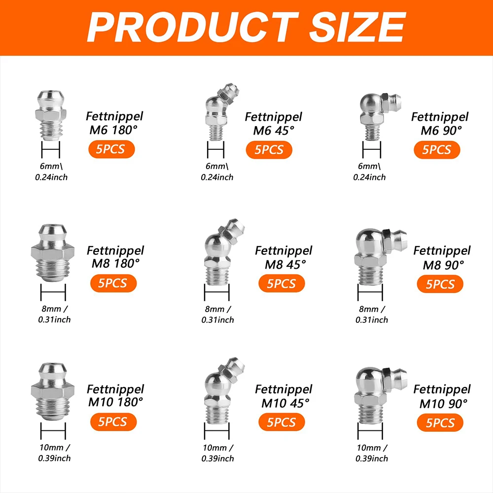 45/60PCS Metric Grease Fitting Kit Galvanized Hydraulic Grease Zerk Assortment Set M6 M8 M10 Nozzle for Vehicle Car Truck