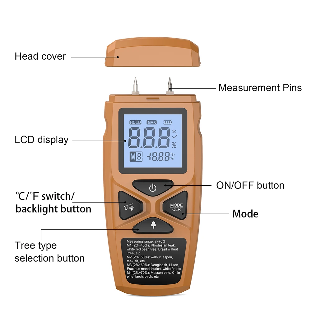 2-70% 2Pins Digital Wood Moisture Meter Wood Humidity Tester Hygrometer Timber Damp Detector Large LCD Display Moisture Detect