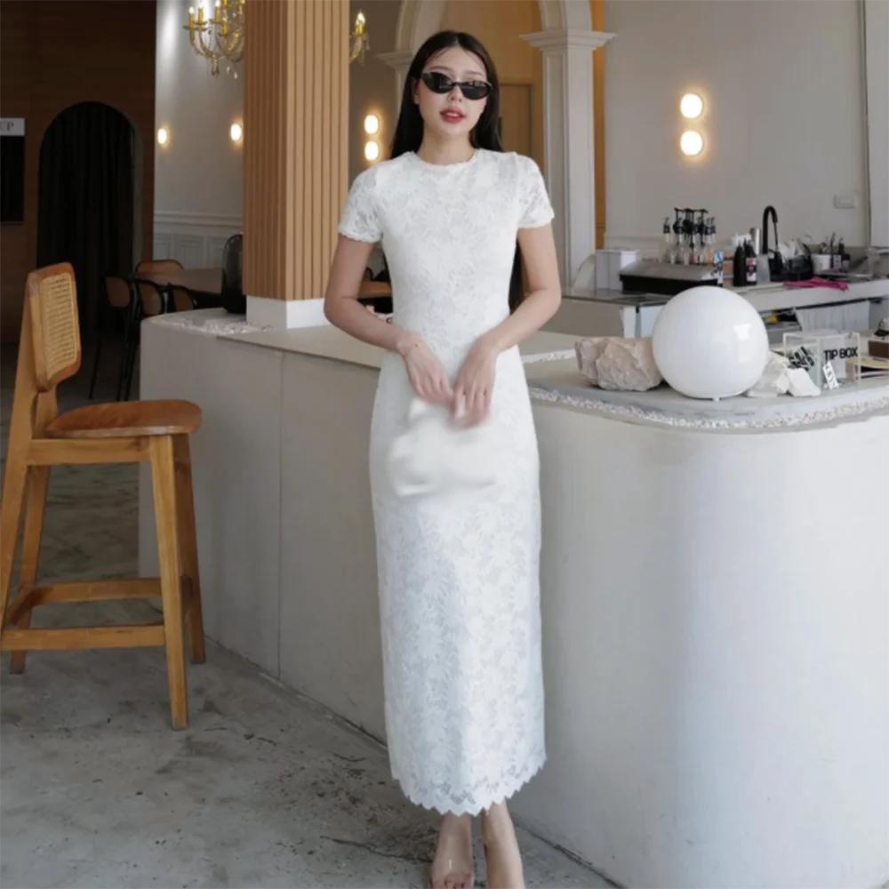 Abiti da ballo dritti personalizzati Abiti da sera senza maniche con o-collo lunghi fino al tè Abiti da ritorno a casa eleganti in pizzo alla moda semplice