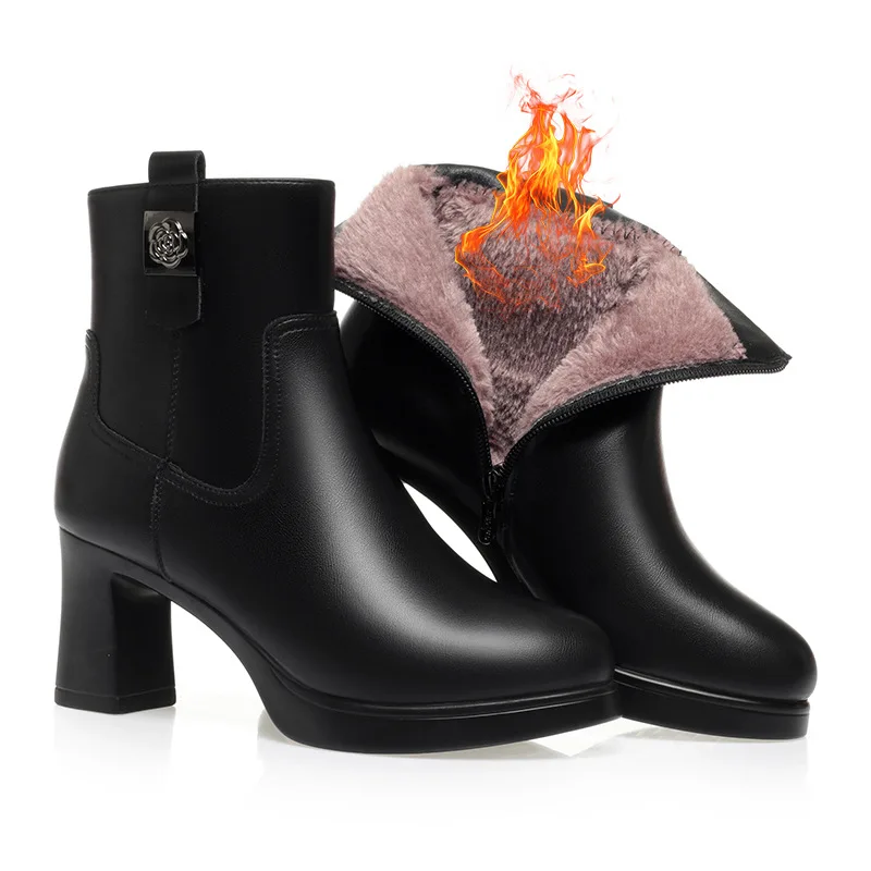 

6cm Comfortable Soft Leather Boots Platform Shoes Women 2026 Winter Block Heels Warm Short Fur Plush Ankle Boots for Office Mom