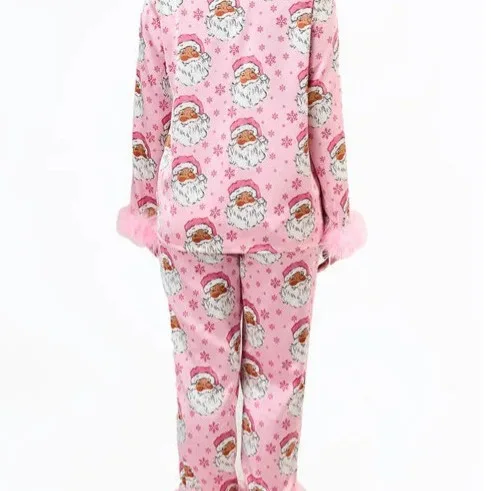 Pink Christmas Suit Slumber Party Costume Xmas Cosplay Pajamas Set Two Piece Santa Claus Pattern Dress Up Adult Clothing