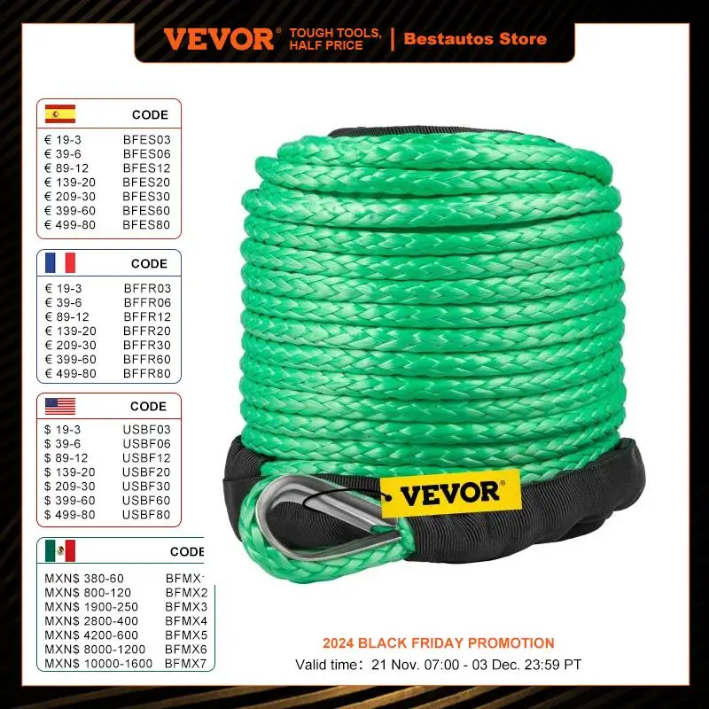 VEVOR Winch Rope Synthetic UHMWPE Fiber  Extension 100 FT/30m Length 12000LBS Capacity With Protective Sleeve for Electric Winch