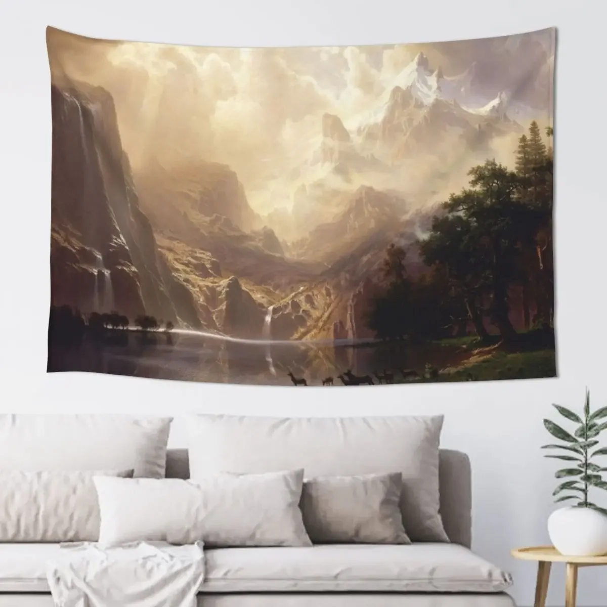 HD. Among the Sierra Nevada Mountains, Albert Bierstadt (1868) (High resolution) Tapestry Decorative Wall Murals Tapestry