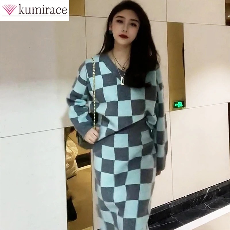 Autumn and Winter Checkerboard Sweater Set Korean Version New V-neck Sweater Top High Waist Skirt Knitted Two-piece Skirt Set