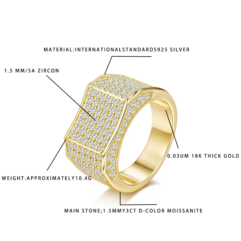 

Men's 3CT D Color Moissanite Ring 925 Sterling Silver 18K Gold Plated 1.5MM 5A Zircon Full Iced Out Hip Hop Band Jewelry