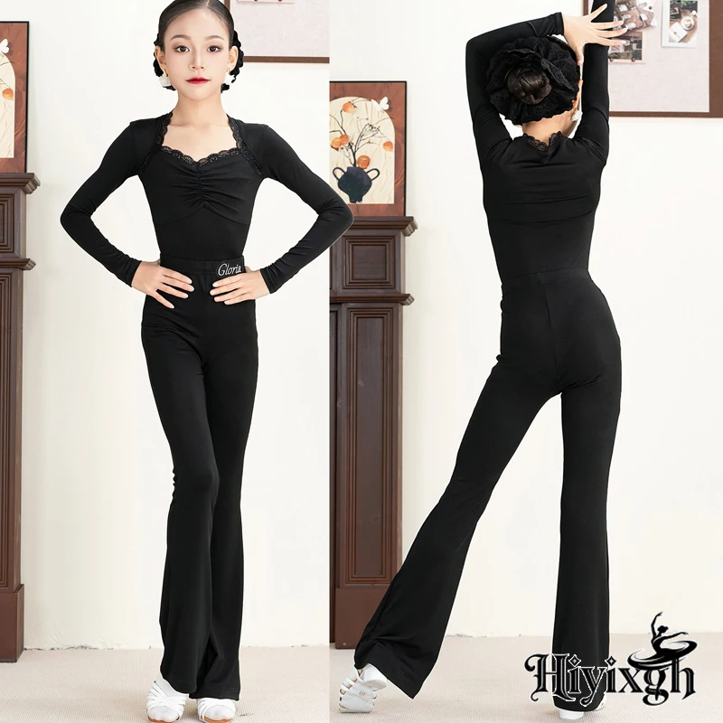 2026 Girls Latin Dance Training Clothes Kid Performance Wear Leopard Print Dance Top Black Pants Cha Cha Rumba Practice Clothes