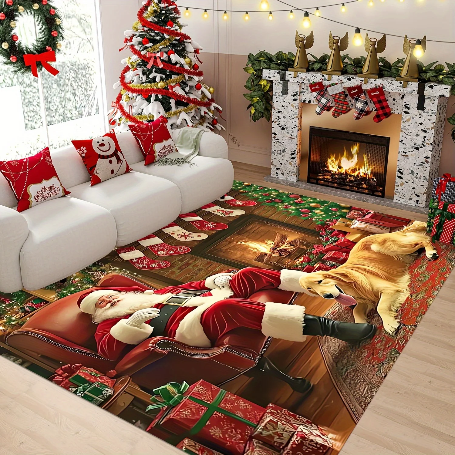 Christmas Floor Mat Santa and Dog Print Rug Snowy Pine Gift Pattern Doormat Home Decor for Living Room Xmas Holiday Indoor Party