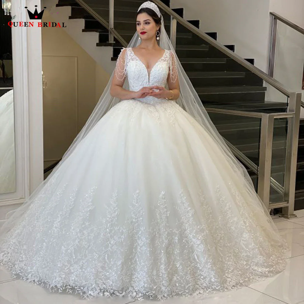 Luxury Ball Gown V-neck Weddding Dresse Puffy Tulle Lace Beaded Crystal Pearls 2023 New Elegant Long Bridal Gowns SF15