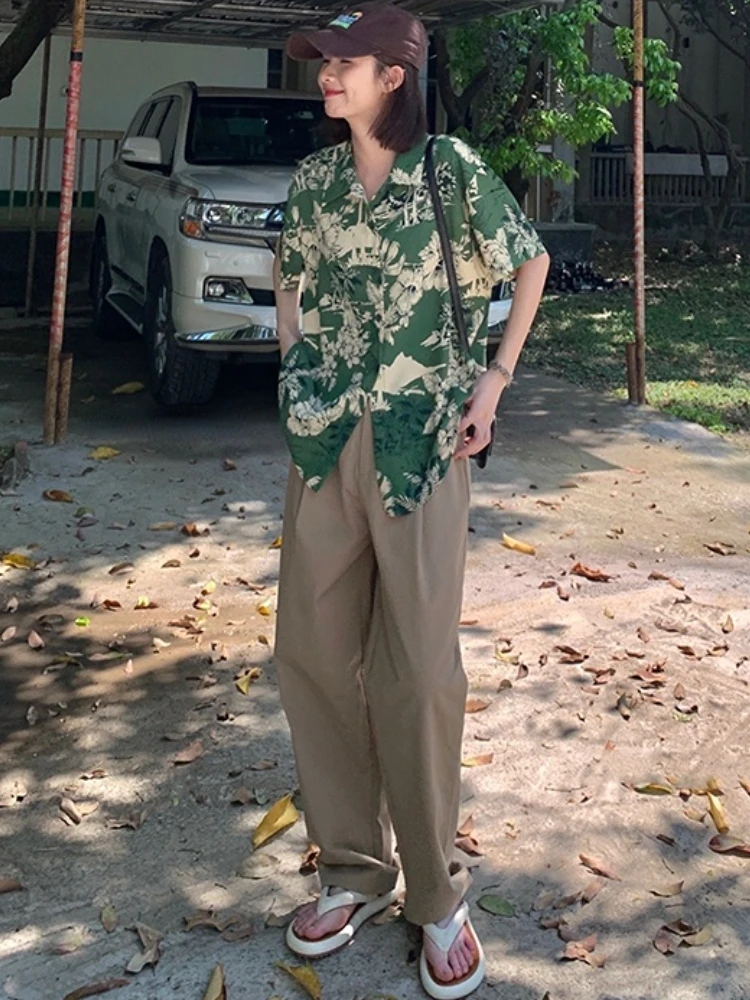 Camicie da donna per le vacanze allentate tutto-fiammifero moda stile coreano casual stampa retrò basic nuovo design semplice studenti estate streetwear