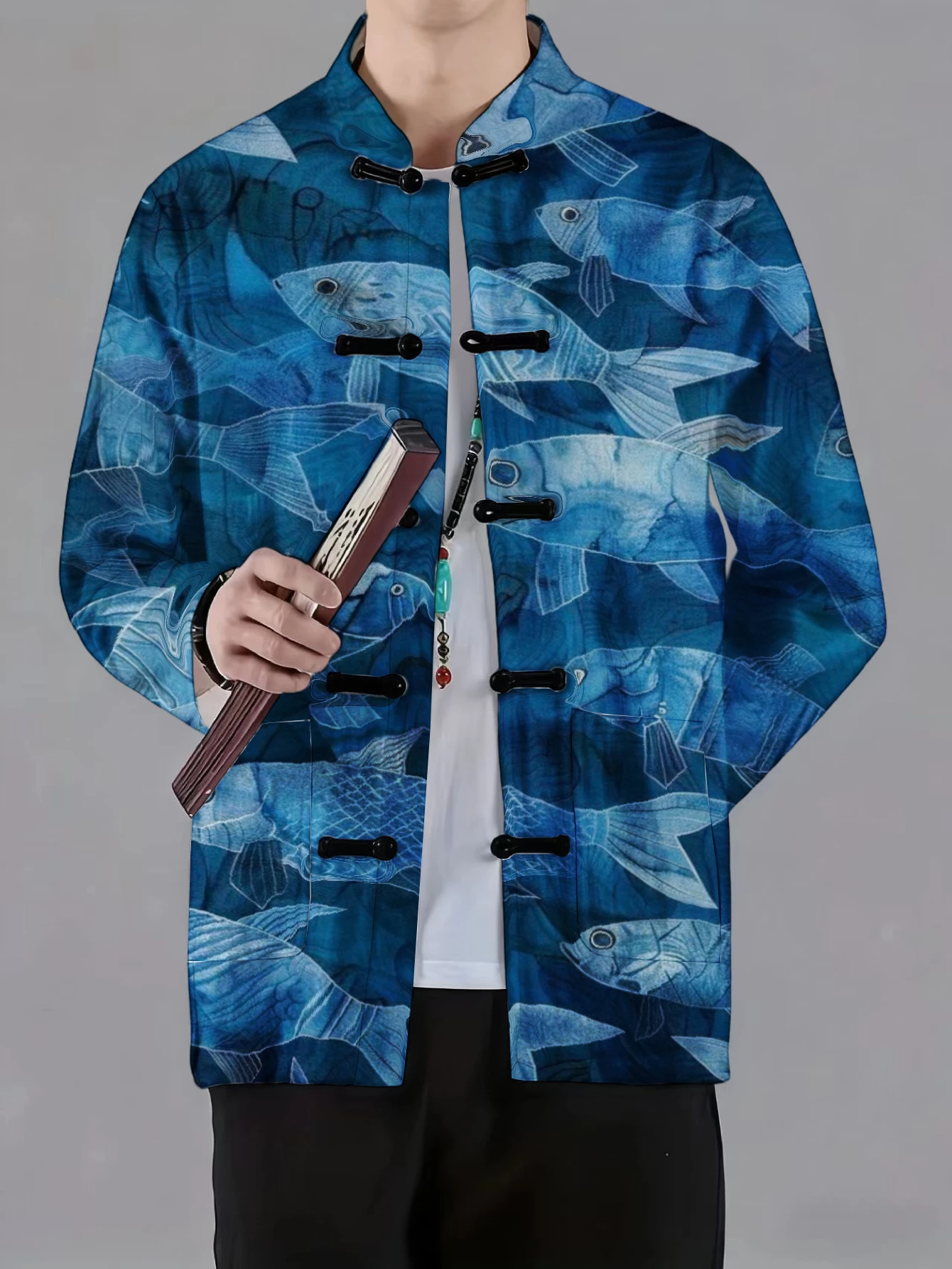 Men Retro Chinese Tang Suit Coat Mandarin Collar Frog Button Blue Fish Pattern Print Long Sleeve Casual Outer Jacket For Daily W