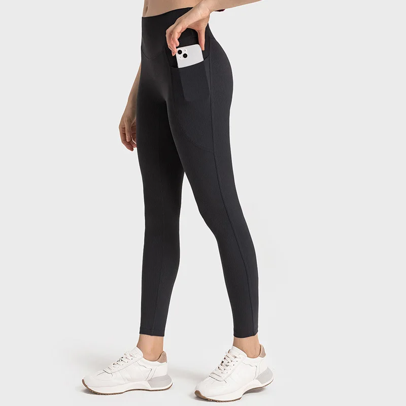 

Ribbed High-Rise Pant 25" Buttery-soft Sweat-wicking Four-way Stretch Yoga Pants With Side Pockets Tummy Control Sports Tights