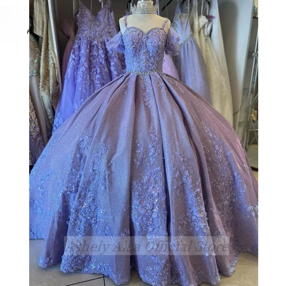 Luxe Lila Lavendel Prinses Quinceanera Jurken Kanten Appliques Crystal Vestidos De 15 Años Prom Party Jurk Meisje Avondkleding