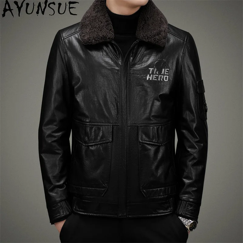 

AYUNSUE Genuine Leather Jacket Men Clothing Real Cowhide Jackets for Men Wool Collar Duck Down Leather Jacket Мужская Одежда