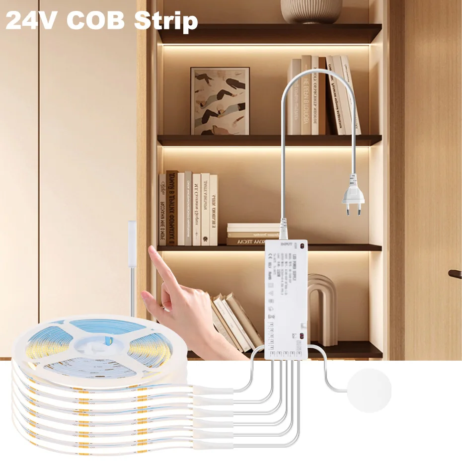 

Under Cabinet COB LED Strip Light 24V Dimmable Led Wardrobe Closet Lamp Tape 320LEDs/m with Penetrable Wood Hand Sensor Switch