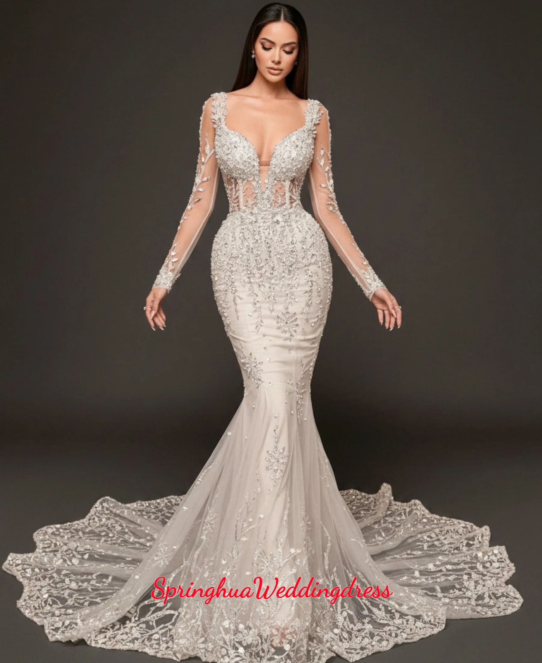 Customzied Sparkly Lace Mermaid Weddind Dress With Sheer Neck And Sleeves Beading Appliques Trumpet Bridal Vestidos De Novia