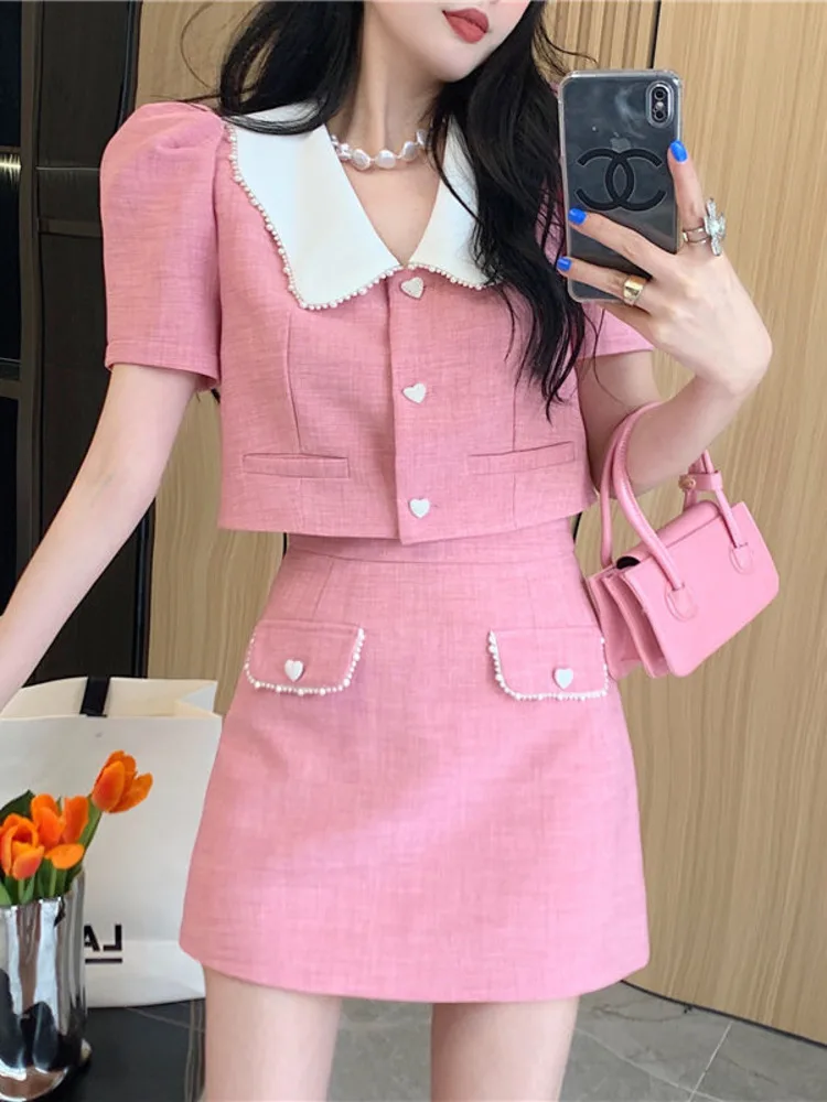 Vintage Tweed Suits For Women Summer Two Piece Set Korean Short Sleeve Jacket Top + Sexy Mini Skirt 2 Piece Outfits Ensemble