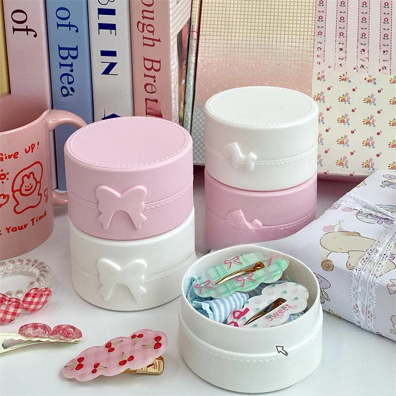 Sweet Cream Color Stationery Organizer Fashion Kawaii Bow Badge Pin Storage Box Round Portable Hair Clip Storage Organizer