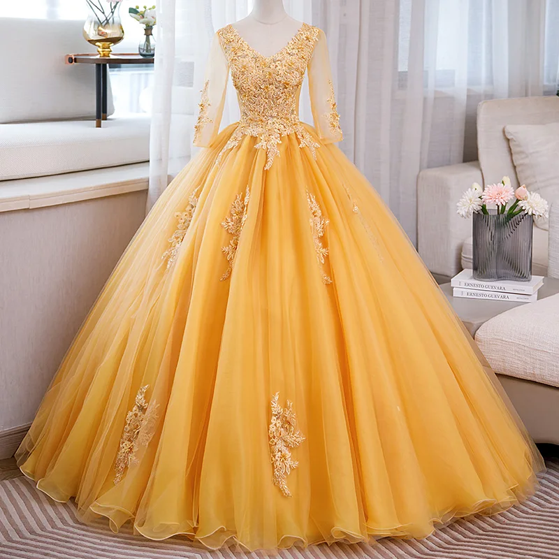 

2023 New Vestidos Logn Sleeve Quinceanera Dresses Gold Party Dress Elegant V-neck Ball Gown Luxury Lace Prom Dress Formal Gown