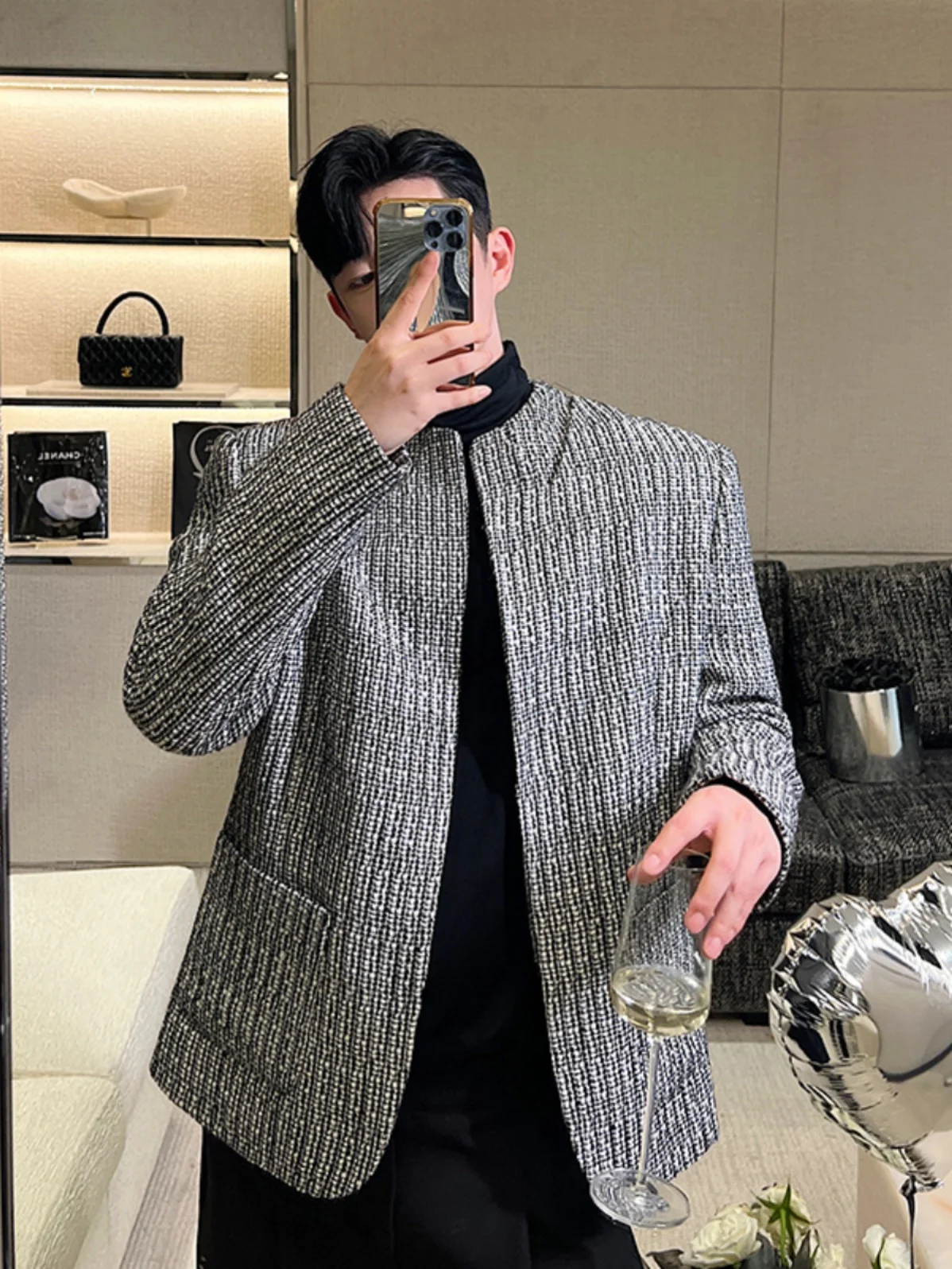 

Autumn Winter New Chinese Sle Slim Fit Double Layer Hollow out Collar Men's Suit Jaet Faionable Deconstructed Design