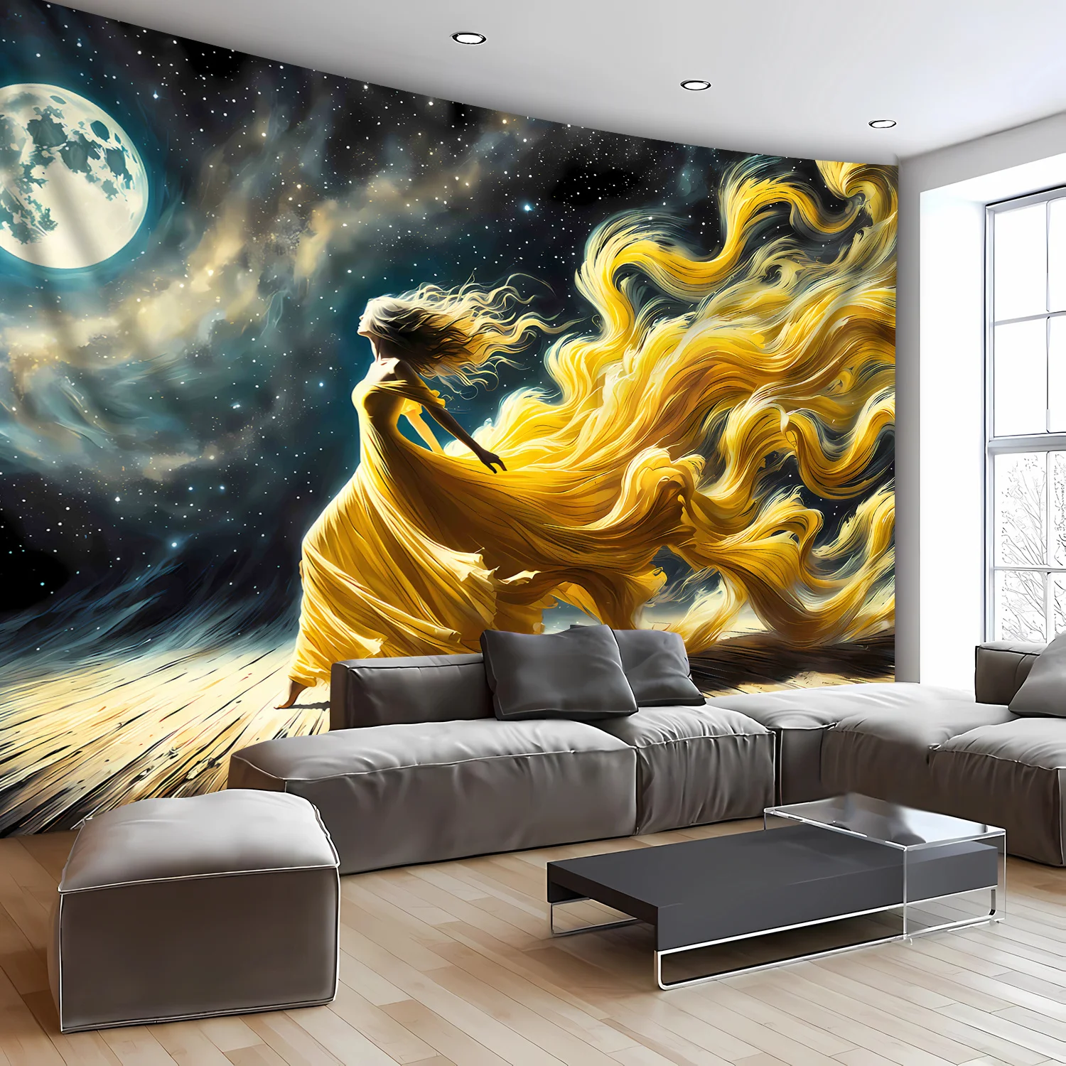 Dreamy Golden Woman Scene Tapestry Cosmic Background Flowing Hair Art Wall Hanging for Living Room or Bedroom Decoration