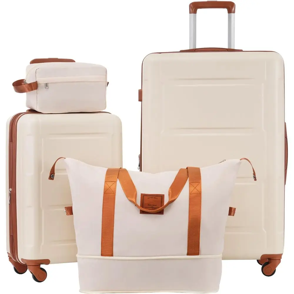 2-Piece Large Expandable Spinner Luggage Set with TSA Lock, 20 & 28, Khaki & Brown