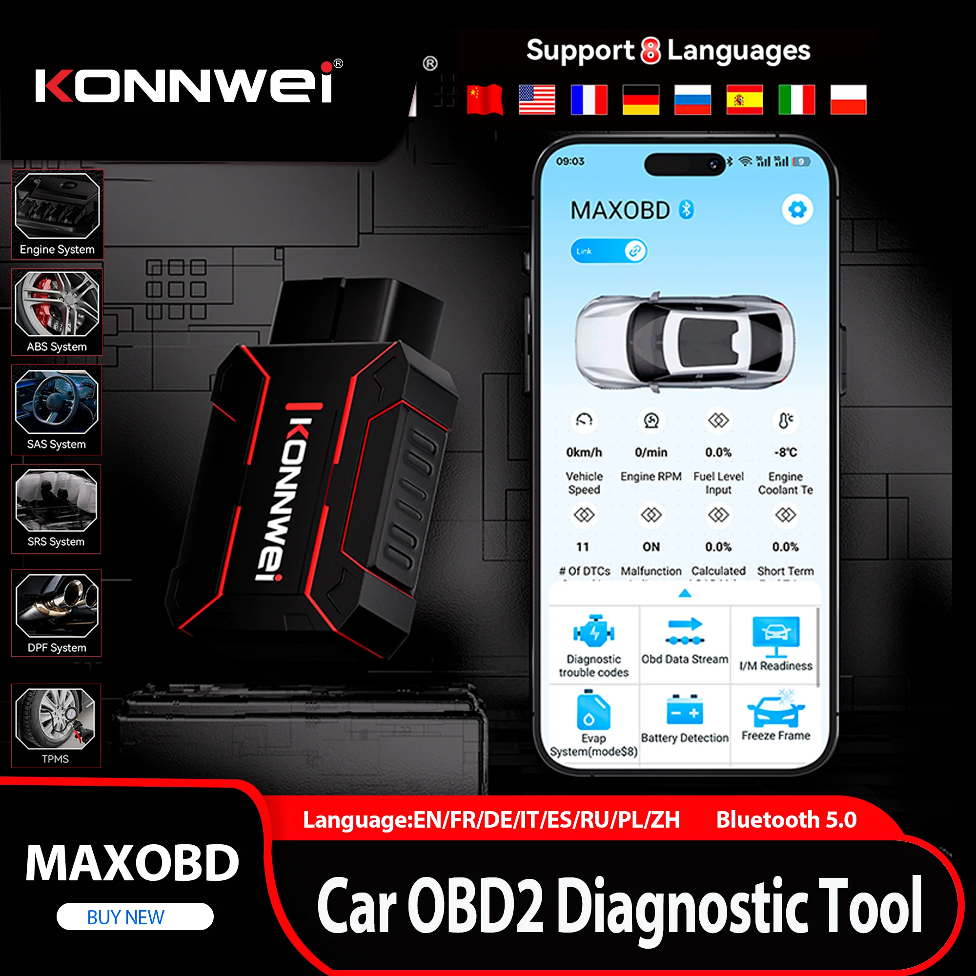2026 KONNWEI MAXOBD Car OBDII Fault Diagnostic Tool Full System SAS SRS ABS System Deep Scan Bluetooth Connection OBD2 Scan Tool