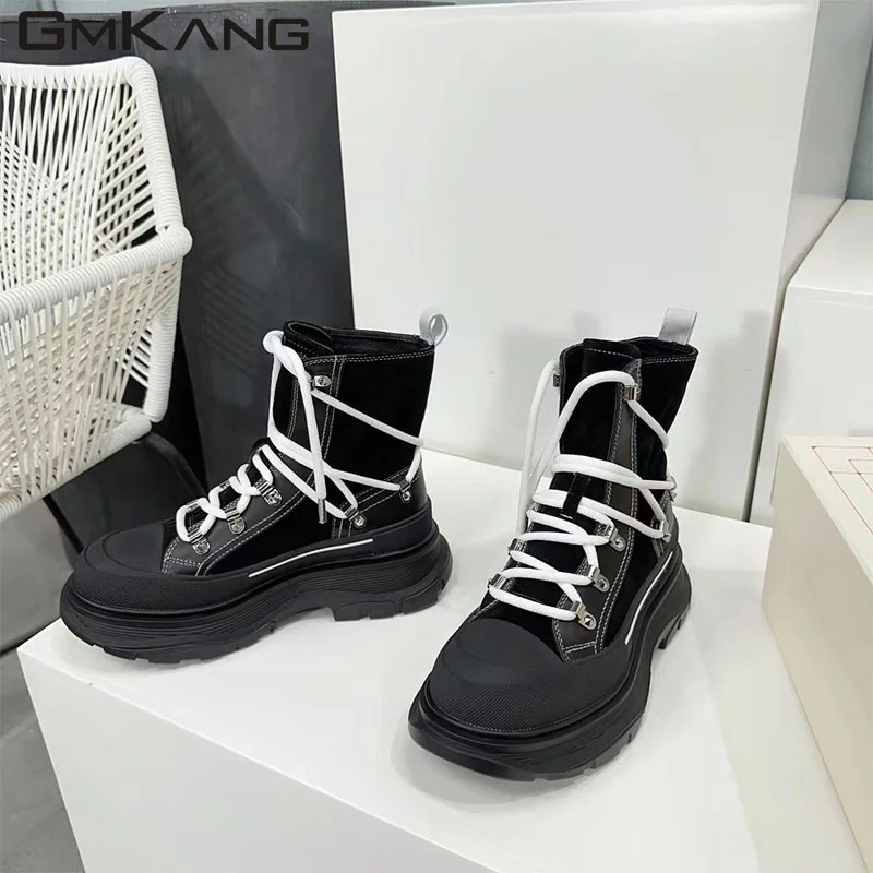 New Thick Sole Short Boots Woman Cow Suede Cross-tied String Bead Ankle Boots Round Toe Leisure Flat Motorcycle Boots Women