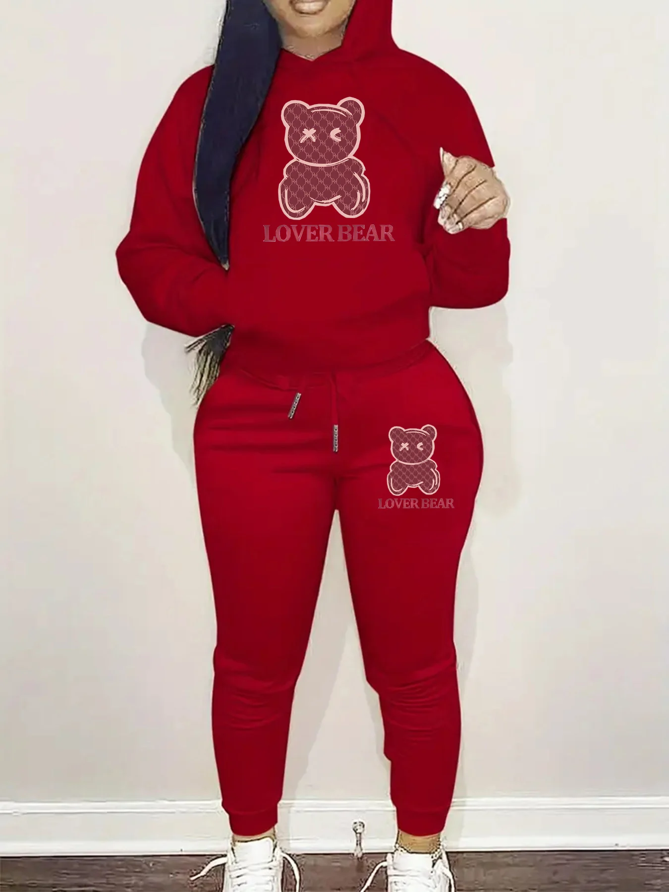 Women's Autumn/Winter Fashion Casual Cartoon Bear Pattern Printed Thick Warm Hoodie+Sports Pants Set