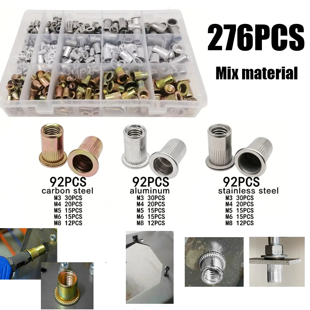 276PCS carbon steel color zinc/aluminum/stainless steel/M3-M8 mixed combination set flat head vertical rivet nut pull cap rivet