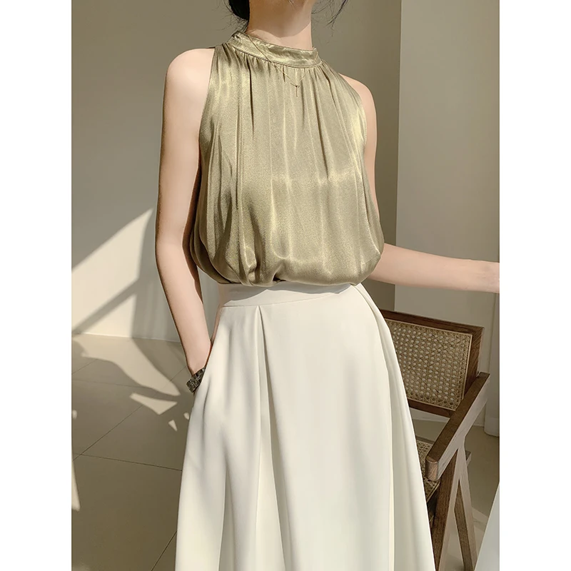 

Maxmay Women's Summer Neck Hanging Vest Sleeveless Slim Shoulder Satin Surface Outerwear Beautiful Top Loose Fit Casual Wear