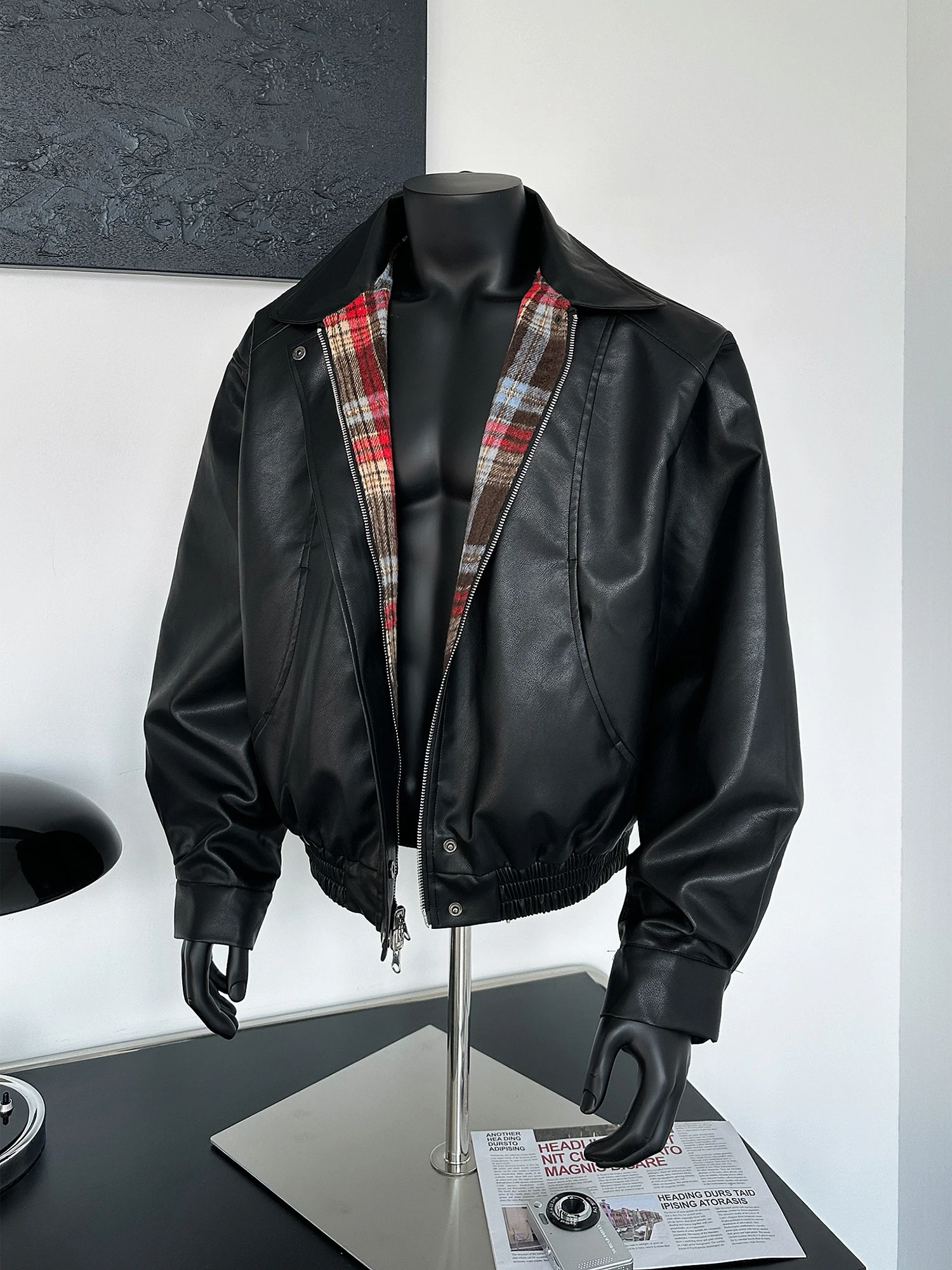 

Double-Sided American Contrast Color Plaid Leather Jaet Men's Casual Autumn Winter Simple High-End Small ence Matched J...