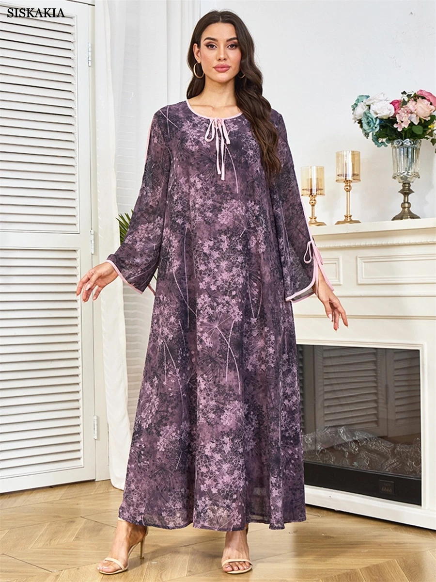 Siskakia Muslim Casual Loose Floral Print Abaya Dubai Woman Bow Long Sleeve Dress Fashion Round Neck Kaftan