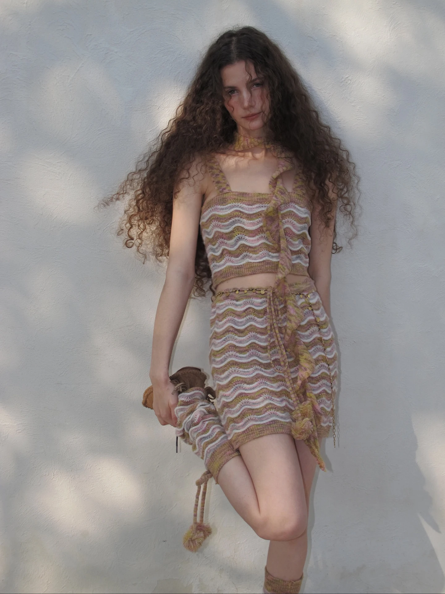 

Комплект из пяти предметов Cariedo: мягкий вязаный свитер с ажурным узором, из смесового волокна, с полосками из мохера, длинный рукав, укороченная длина