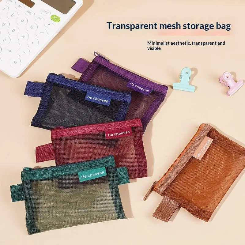 Small Portable Travel Square Solid Color Nylon Mesh Coin Bag Lipstick Key Earphone ID Credit Card Storage Pouch Organizer