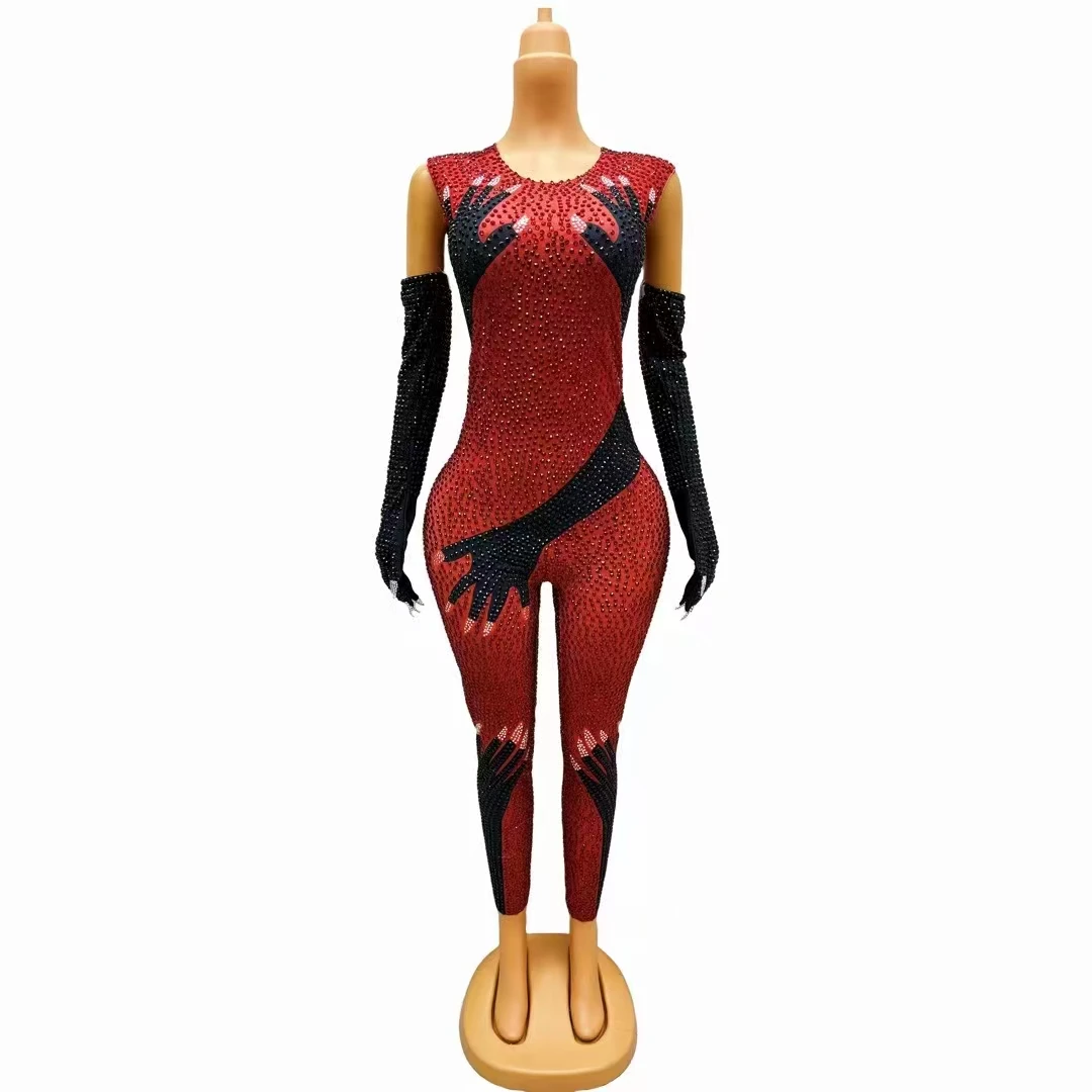 赤いラインストーン黒手プリントジャンプスーツ手袋セクシーなパフォーマンスダンス衣装歌手ショーステージ着用パーティー誕生日衣装