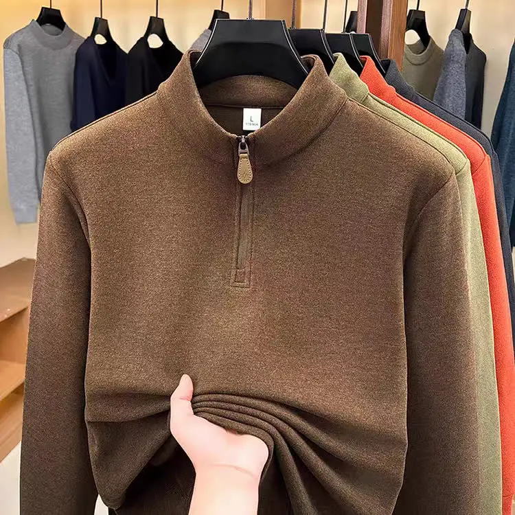 Men's Turtleneck Solid Color Polo Stand-up Collar Long-sleeved T-shirt Trend Double-sided Velvet Thermal Sweater Top