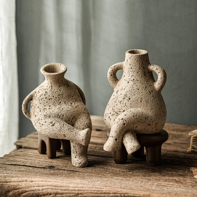 Creative Sitting Human‑Body Shaped Ceramic Vase Wabi‑Sabi Speckled Double‑Ear Flower Vase Home Desktop Dry Flower Decor Ornament