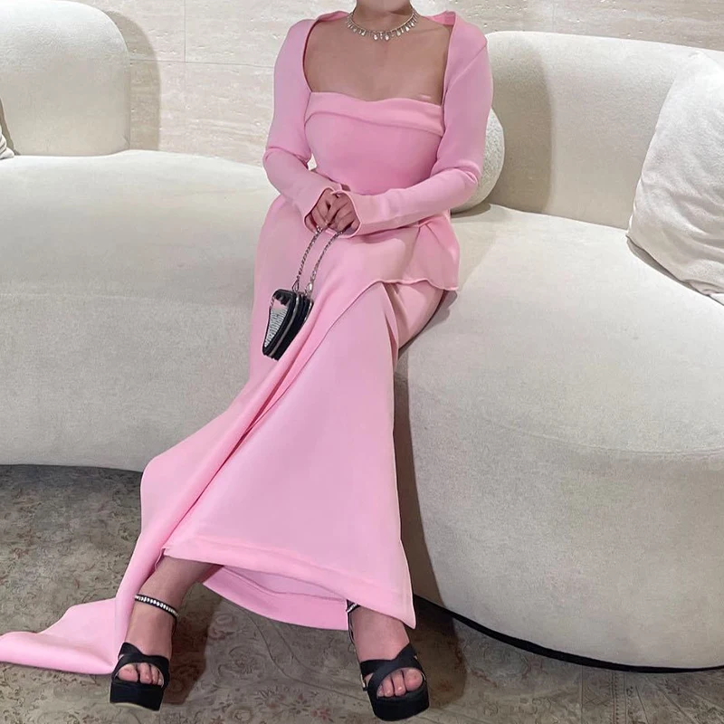 

Elegant Split Hight Waist Slim Skirt Outfits Women's Fashion Pink 2Pc Set Strapless Sleeveless Long Skirt & Shawl Cardigan Suit