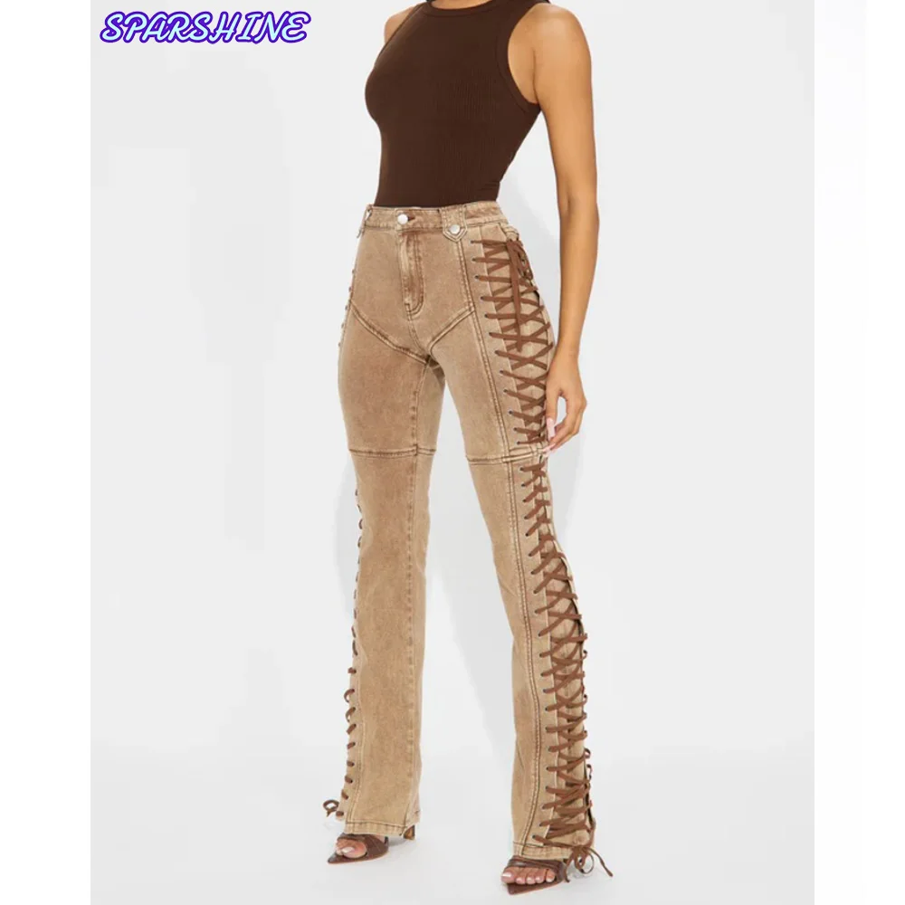 

Y2K Streetwear Fashionable New Women's Clothing trend strap drawstring Spicy girl jeans Spliced Patchwork Denim Straight Pants