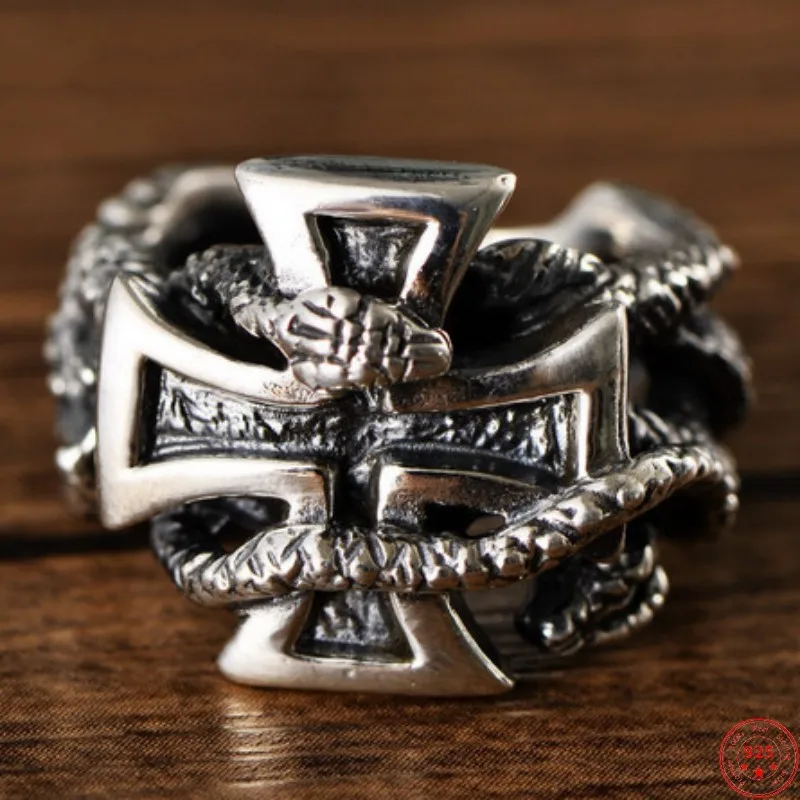 S925 Sterling Silver Rings New Fashion Python Snake Winding Cross Solid Argentum Viking Jewelry Amulet for Men Women