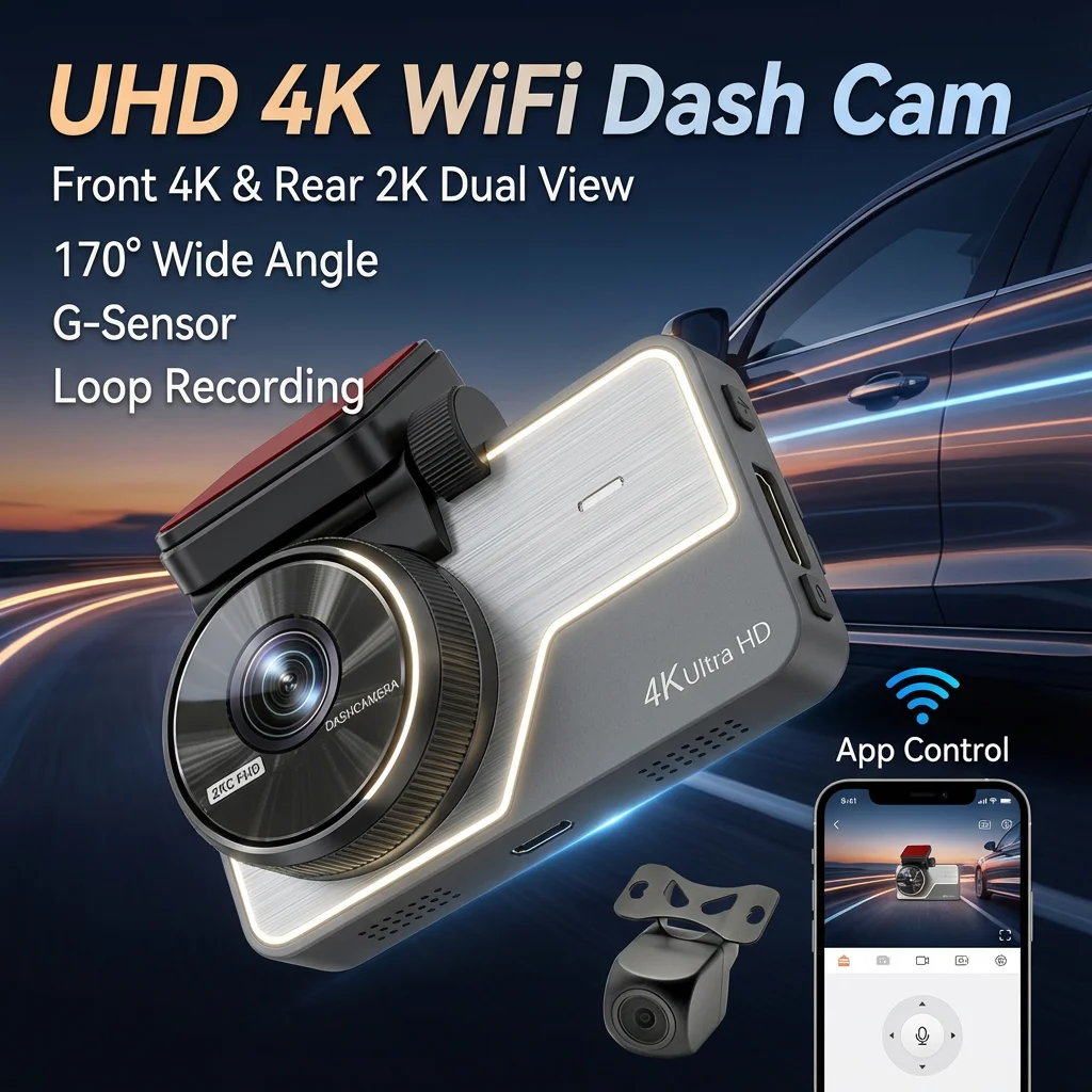 UHD 4K WiFi Dash Cam Car Recorder Front and Rear 2K Dual Camera View 170° Wide Angle G-Sensor Loop Recording 24H Parking Mode